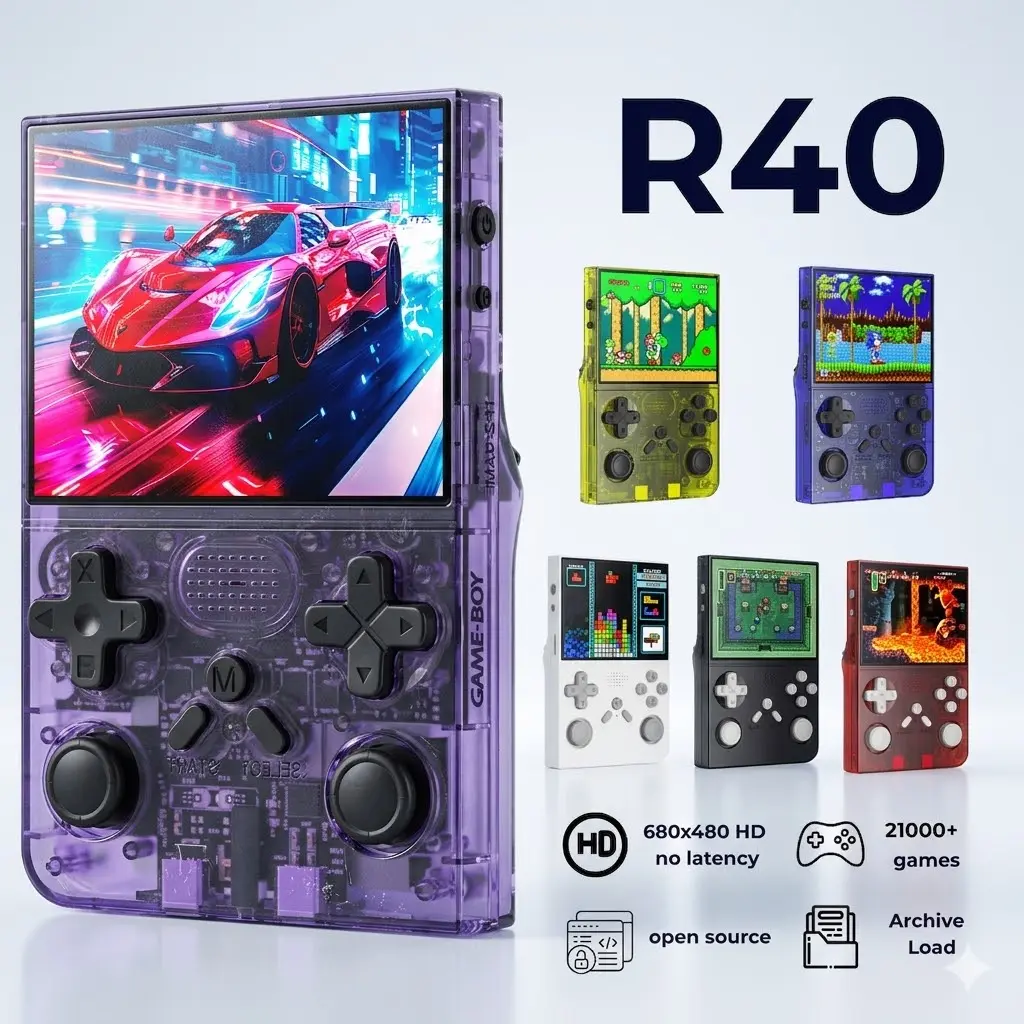 Retro R40 MAX Plastic Handheld Gaming Console - 3.5" HD IPS Screen, Upgraded Dual TF Card Slots, 3000mAh Rechargeable Game Console, Dual Joystick, 30+ Retro Emulators, 185g Compact Size, USB-C Charging, Game Stick, Arcade Gaming Gadget, Mens Gifts, Game N