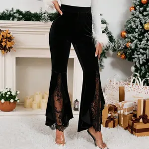 High-waisted Lace-panelled Velvet Flared Pants