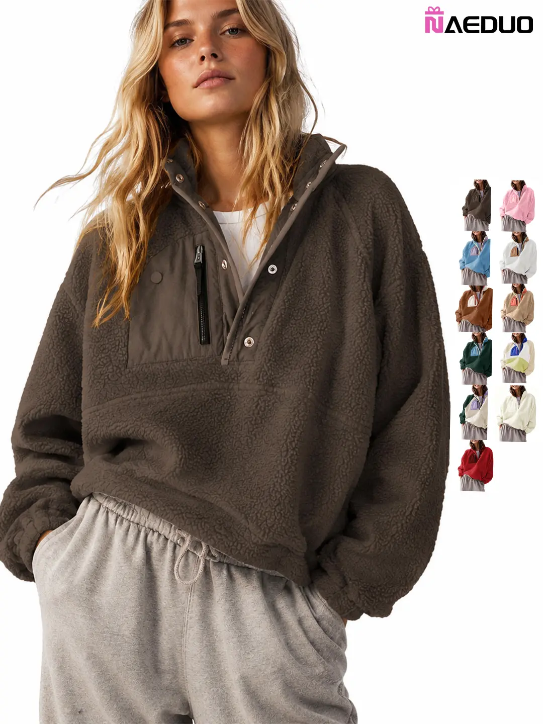 Naeduo Women's Lightweight Colorblock Fleece Jacket, Cropped Sherpa Pullover Fashion Apparel with Pockets, Soft Fleece Feels Gentle, Casual, Long Sleeve, Colorblock Pattern, Layering Ready, Clothes, Trending Clothes