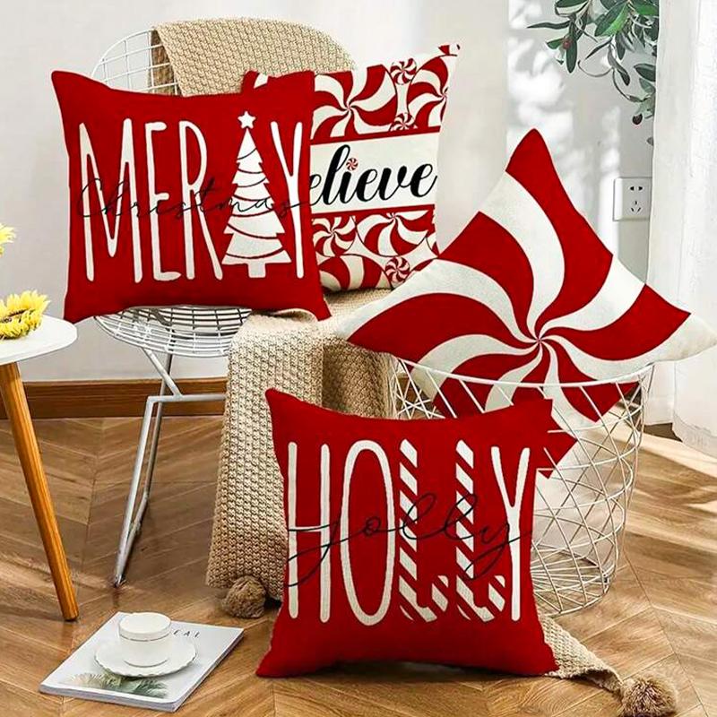 【FaddishDeal】4Pcs-Christmas Decorative Pillow Set, Red Candy Cane Porch Pillow Cover, Single-Sided Linen Print, Winter Holiday Gift, Cushion Cover Home Decor.excellent gifts for Christmas and new year，Must-buy on Black Friday