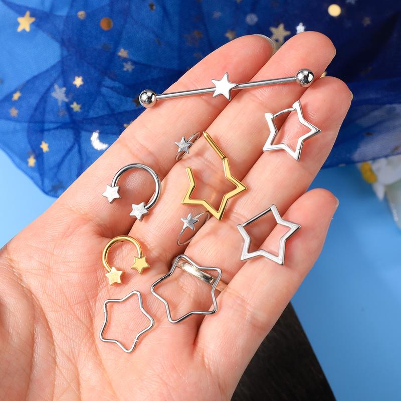 Oufer 16G/14G Titanium Chunky Star Clicker Nose Septum Daith Piercing Ring in Silver Gold Black 8mm Inner Diameter Basic Versatile Design Comfortable Safe for Daily Wear