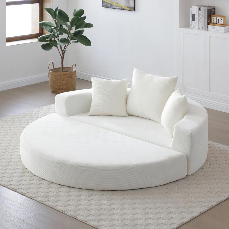 Round Boneless Couch, Corduroy Upholstered Folding Convertible Sofa Bed with Pillows, 2-in-1 Futon Sofa Bed with Half-Circle Design, Comfy Loveseat for Living Room, Apartment (Beige) Round Boneless Couch, Corduroy Upholstered Folding Convertible Sofa Bed with Pillows, 2-in-1 Futon Sofa Bed with Half-Circle Design, Comfy Loveseat for Living Room, Apartment (Beige)