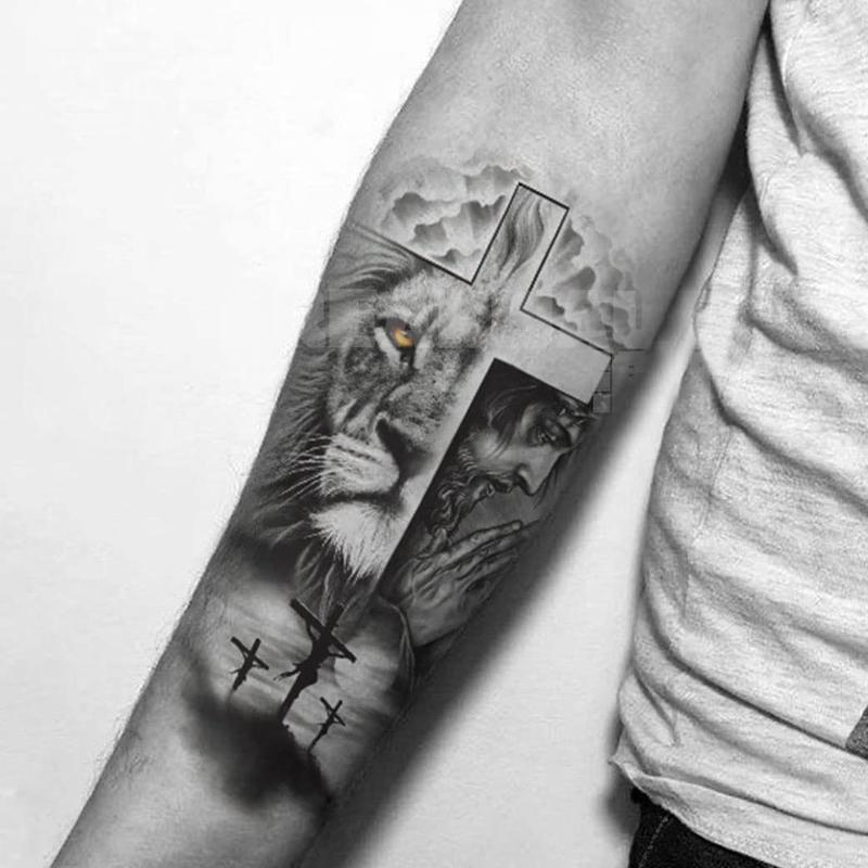 2 Sheets Waterproof Fake Forest Lion Jesus Cross Old School Arm Leg Temporary Tattoo
