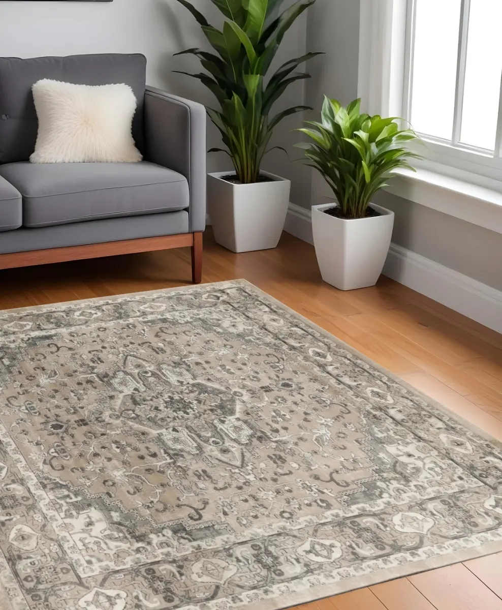 HomeRoots 545146 Polyester Indoor 4' Square Beige & Gray Medallion-Geometric Traditional Power-Loom Distressed Look Area Rug