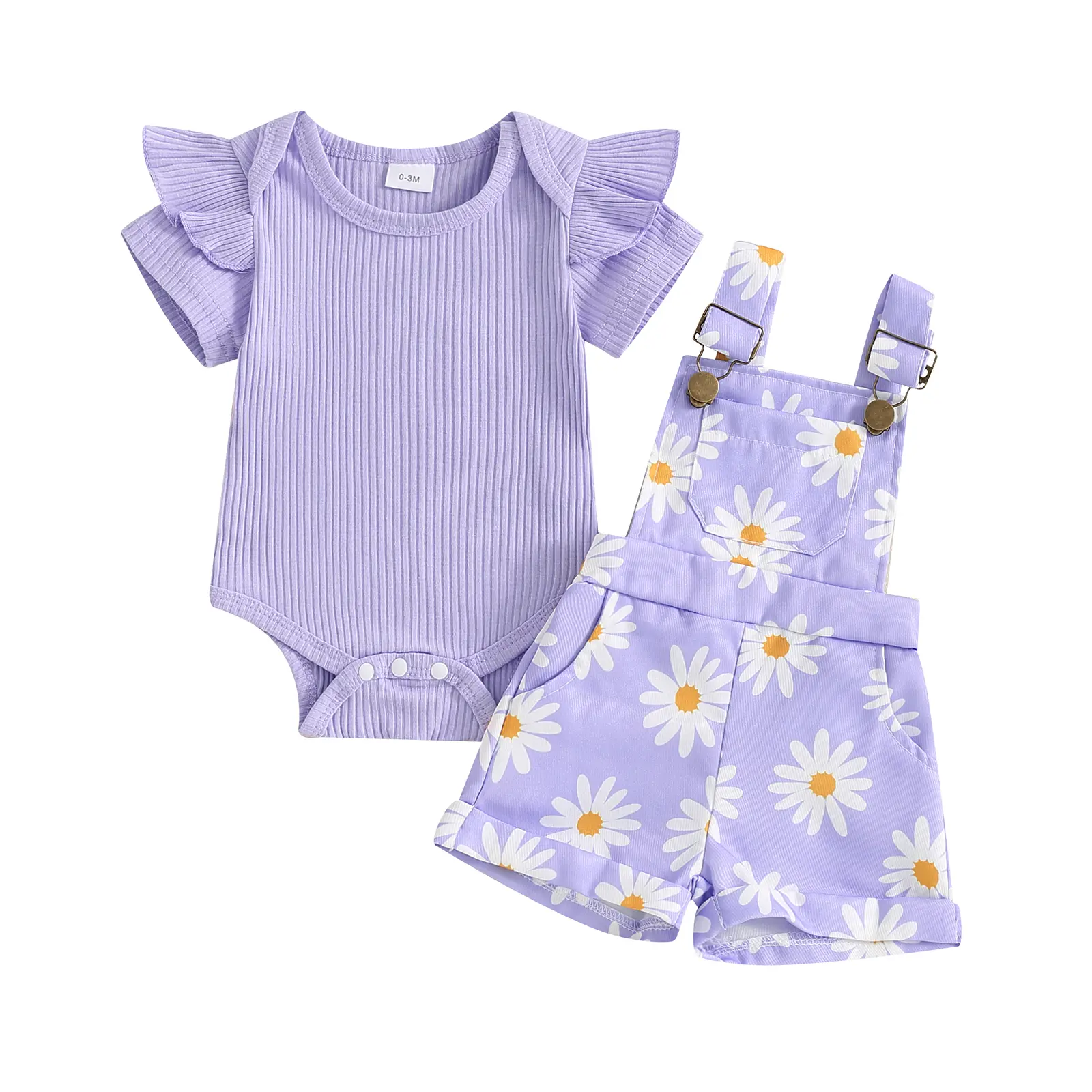 Newborn Baby Girl Clothes Ruffle Short Sleeve Ribbed Romper Daisy Suspender Overall Shorts Set 2Pcs Summer Outfits 0-18 Months
