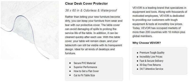 VEVOR Plastic Table Cover, 2 mm Thick Clear Table Protector, Rectangle Clear Desk Mat, Waterproof & Easy Cleaning for Office Dresser Night Stand