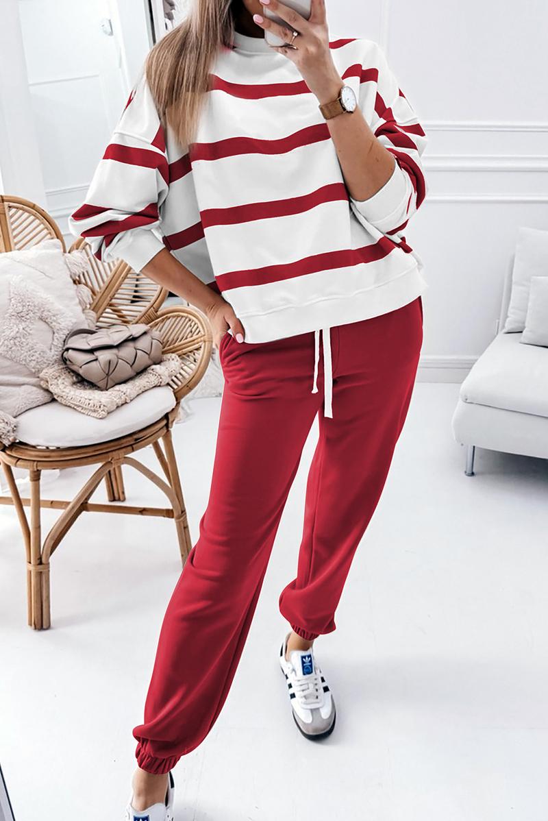 MULLVEIG Women's Stripe Drop Shoulder Pullover & Jogger Pants Set - Winter 2 Piece Lounge Outfit for Cozy Comfort Womenswear
