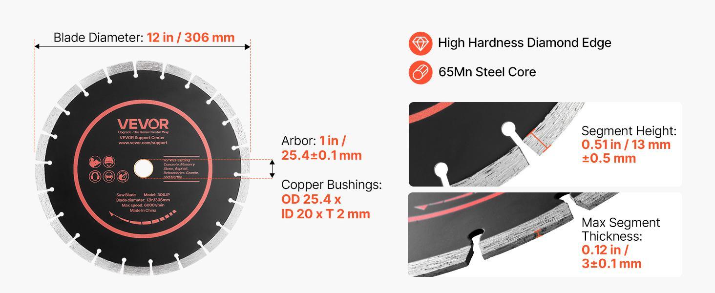 【BackToSchool】VEVOR 12 in Diamond Blades 3-Pack Concrete Saw Blade Set, 1 in Arbor Mount, 65Mn Steel Core, High-Hardness Diamond Segments, 0.12 In / 3 Mm Copper Bushing, 6000 rpm, Dry-Wet Cutting, Clean Edges for Concrete, Masonry, Brick 【BackToSchool】VEVOR 12 in Diamond Blades 3-Pack Concrete Saw Blade Set, 1 in Arbor Mount, 65Mn Steel Core, High-Hardness Diamond Segments, 0.12 In / 3 Mm Copper Bushing, 6000 rpm, Dry-Wet Cutting, Clean Edges for Concrete, Masonry, Brick