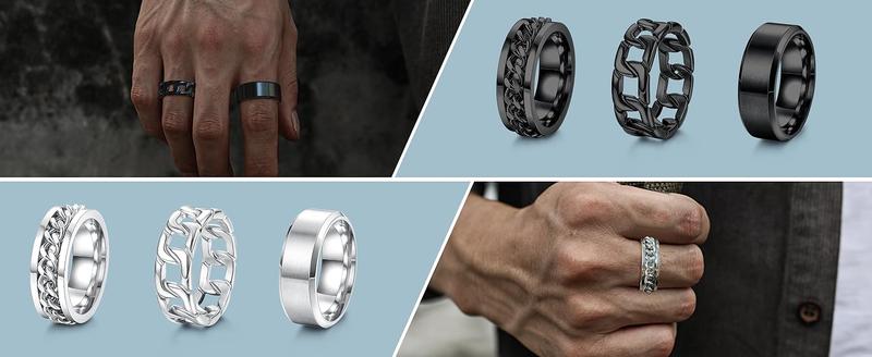 Jstyle Mens Rings 3count Rings for Men Women Stainless Steel Plain Band Ring Cuban Link Chain Rings Spinner Ring Men's Promise Wedding Rings Set,Size 6-14