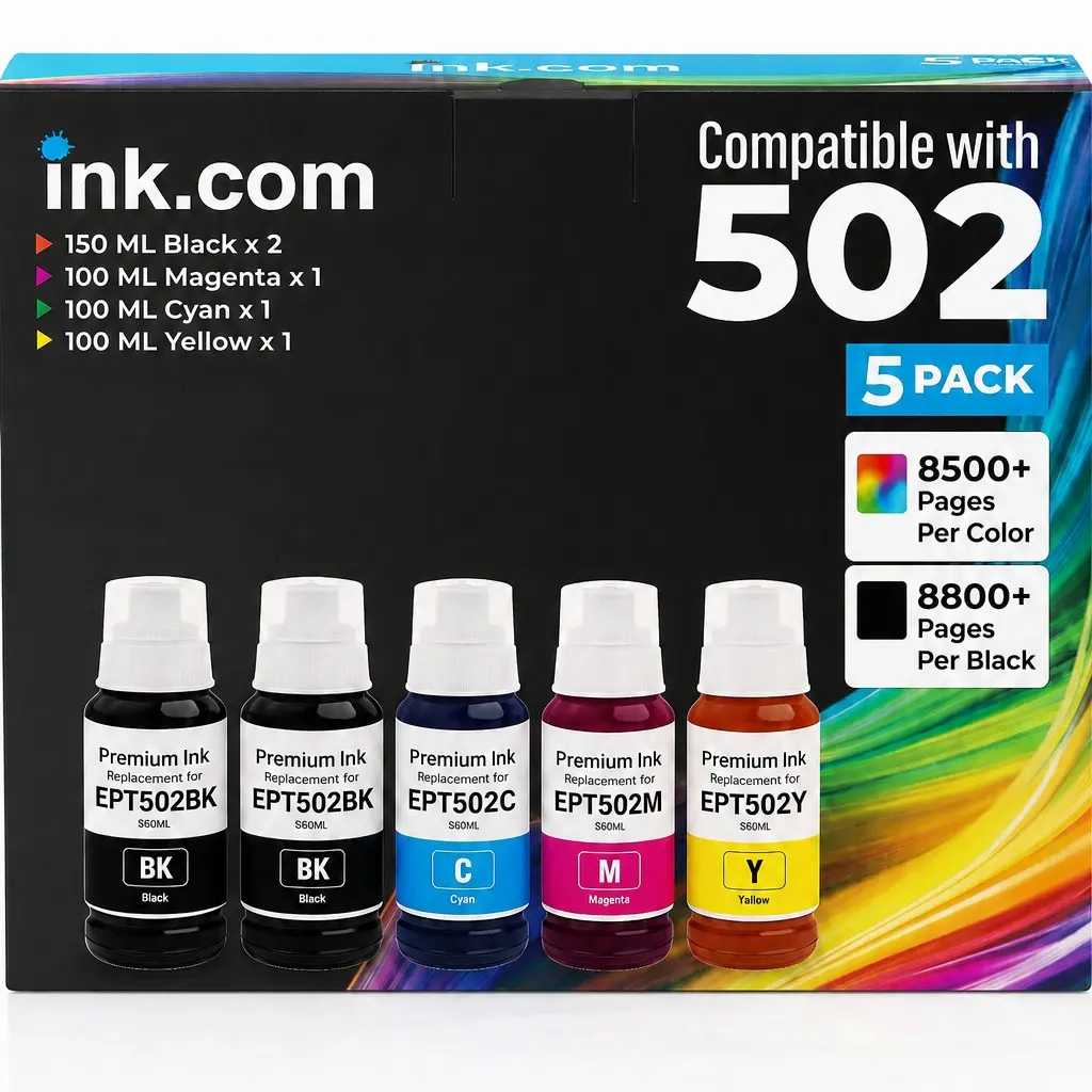 Ink.com High Capacity Refillable Inkjet Printer Ink Cartridges (5 Bottle Pack, Liquid, Cyan, Magenta, Black) with Easy-Refill Design, Vibrant Color Output, Crisp Text, Compatible with Epson ET-2850, ET-3830, ET-3850 & 502 Ink Bottles, Standard Ink