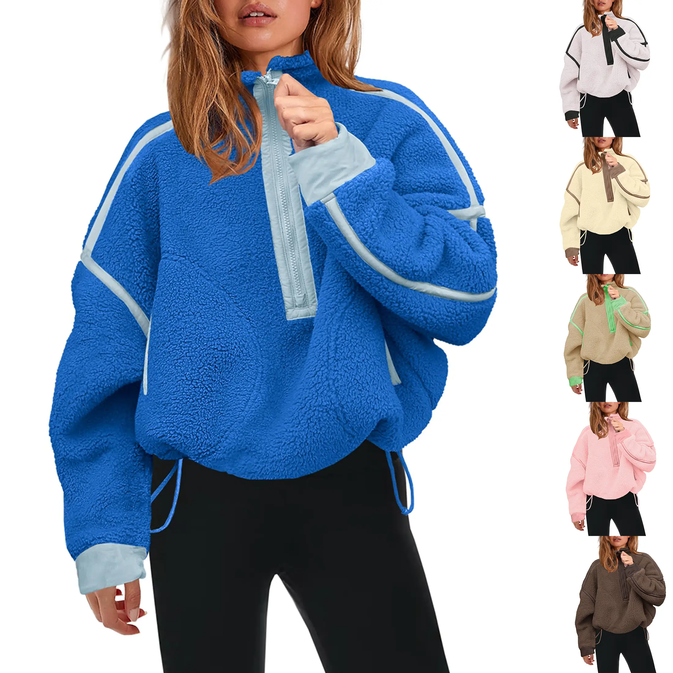 Wandal Women's Minimalist Basic Long Sleeve Half-Zip Contrast Stripe Fleece Pullover, Oversized Cropped Drawstring Hem Sweatshirt with Side Pockets, Warm Soft Fuzzy Casual Chic Fall Winter Travel Outdoor Top, Tops