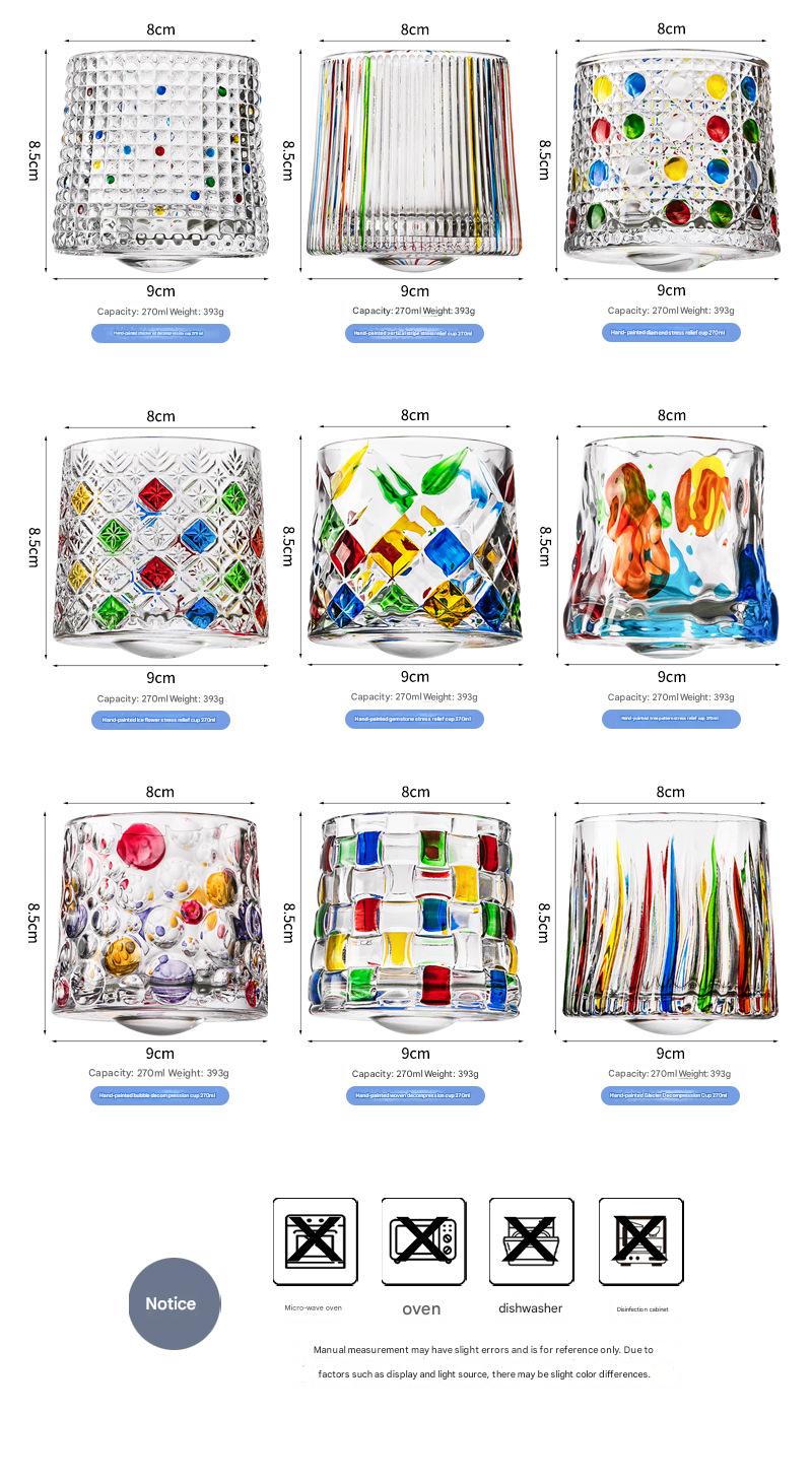 Creative thickened rotating whiskey glass, hand-painted spinning glass, colorful glass cup, a stress-relieving cup, perfect as a holiday gift for family and friends. Creative thickened rotating whiskey glass, hand-painted spinning glass, colorful glass cup, a stress-relieving cup, perfect as a holiday gift for family and friends.