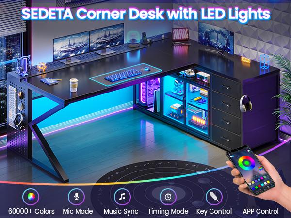 SEDETA 63-Inch L-Shaped Gaming Desk Computer Desk with 4 Drawers and Display Cabinet Executive Office Desk with Storage Shelves and LED Light SEDETA 63-Inch L-Shaped Gaming Desk Computer Desk with 4 Drawers and Display Cabinet Executive Office Desk with Storage Shelves and LED Light