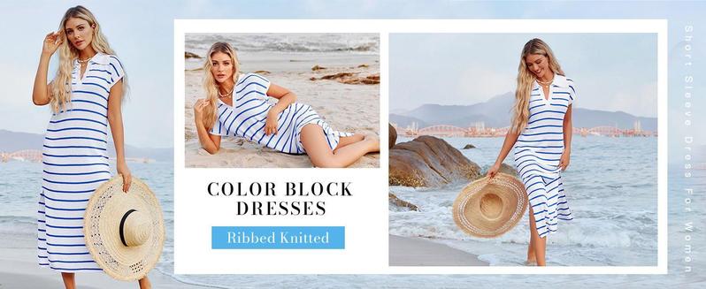 Imily Bela Womens Striped Summer Dresses Short Sleeve V Neck Knit Collared Sexy Slit Loose Maxi Sweater Dress