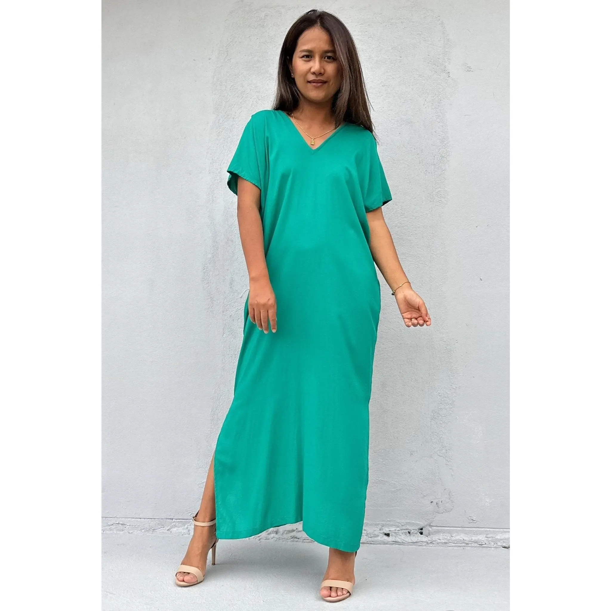 Callie Petite Kaftan Dress for Women in Solid Turquoise, Breathable Flowy Rayon Casual Wear Clothes