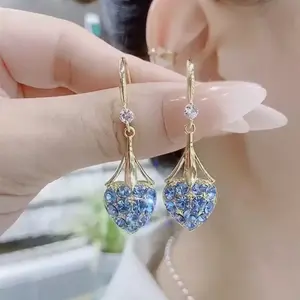 LisiZen High-End Blue Full Diamond Heart Earrings for Women New Trendy Elegant Versatile Pearl Heart Ear Accessories Drop Earrings DZEH1221