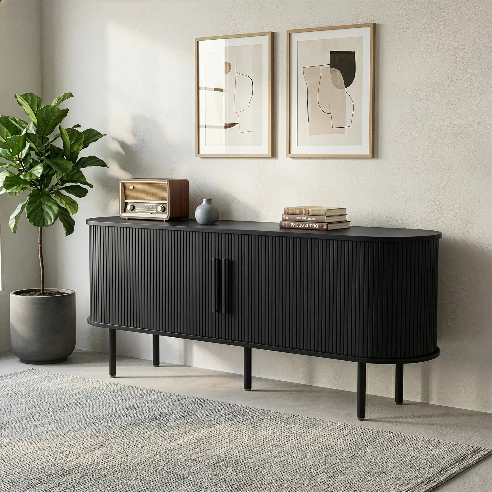 Modern Black Embossed Particle Board Tv Stand, Oval Rounded Tabletop Entertainment Center With Slatted Sliding Doors, Cable Management Holes Storage Media Console Cabinet For Living Room