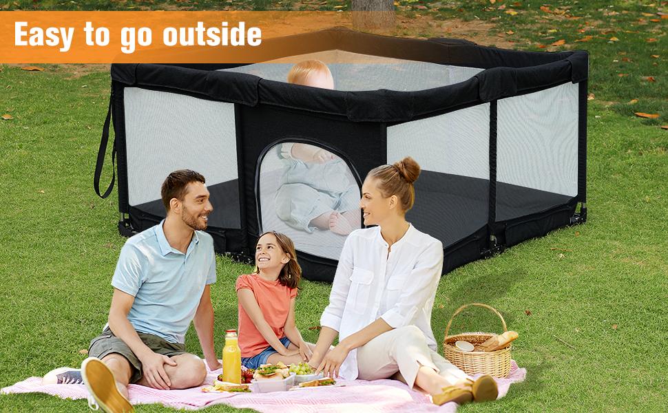 Foldable Baby Playpen,Collapsible Playpen for Babies and Toddlers, Extra Large Foldable Playpen for Baby with gate, Baby Activity Center with Fence, Travel Play Pen (Black/grey51"×51")