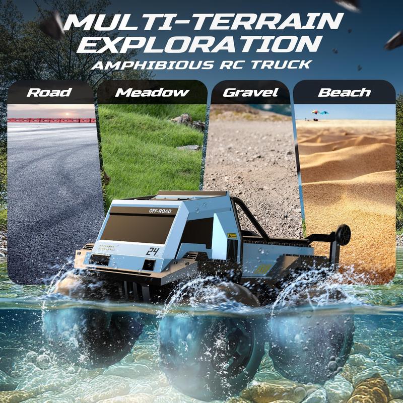 DEERC Amphibious Remote Control Car Monster Truck Toys Waterproof, RC Stunt Cars Toys W/Blocks & 360°Spin, 4WD All-Terrain Off-Road 60+ Min Playtime
