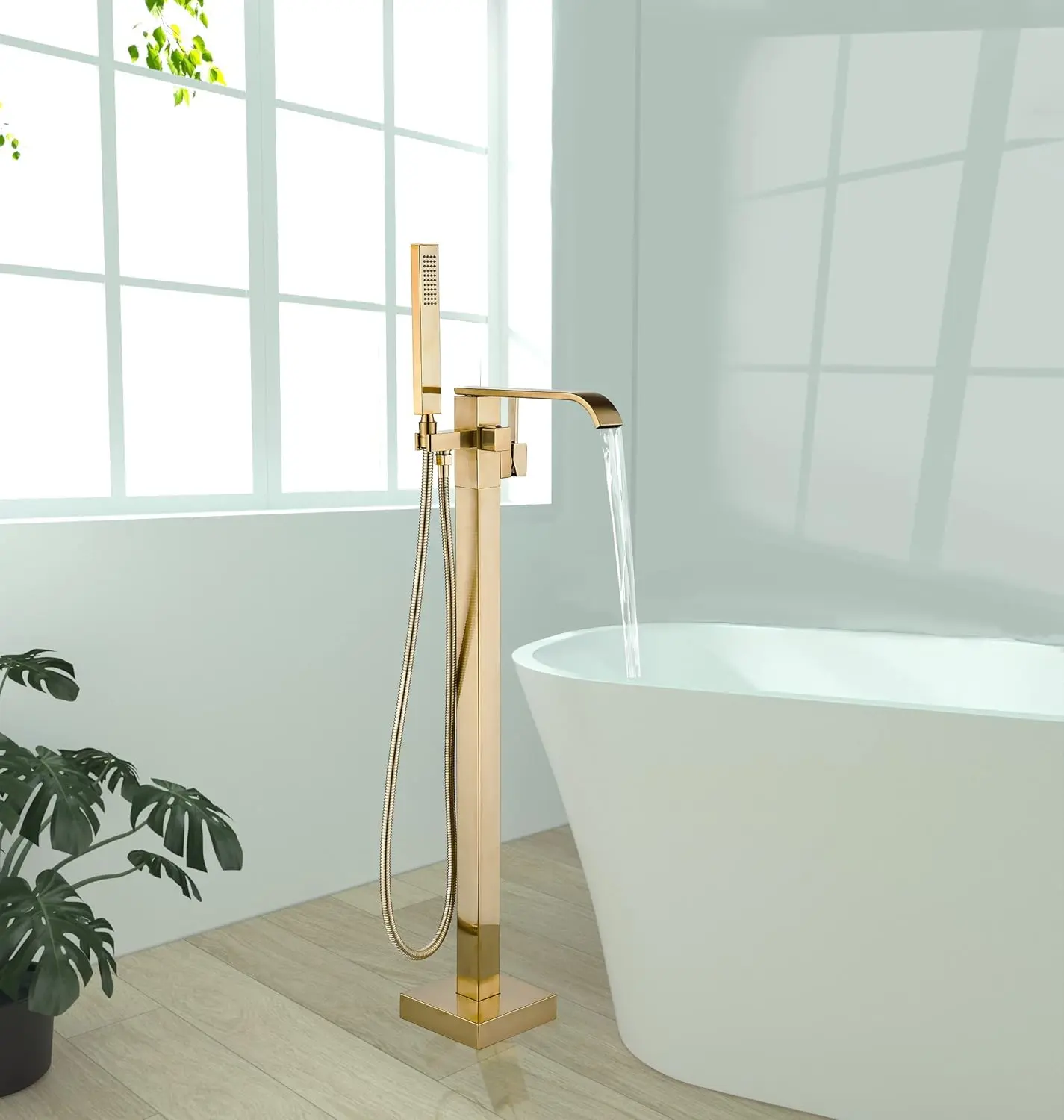 99cm Floor-Mount Bathroom Tub Faucet - Polished Gold Waterfall Spout, Free-Standing Handle, 3/8" Connector Handheld Sprayer, Custom Hoses, Ceramic & Stainless Steel Build, Easy Operation, Hot & Cold Water Supply, Standard Spout Faucets for Home Decoration