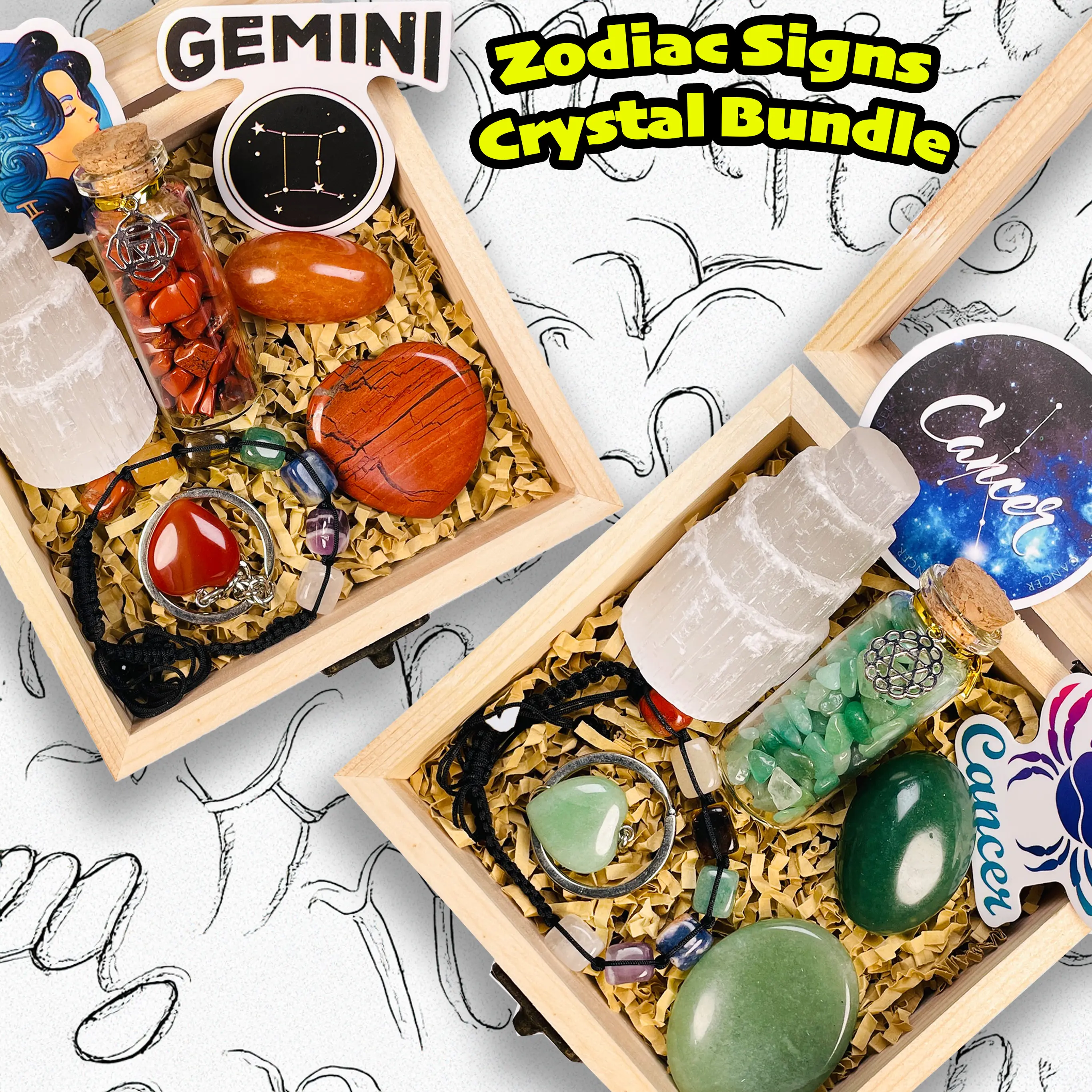 [Video Order] Non-Natural Zodiac Crystal Jewelry Set (about 200g) - Includes Selenite Tower, Chakra Bracelet, Worry Stone, Keychain, Tumble, Chip Bottle, 2 Random Zodiac-Related Stickers, Bracelets