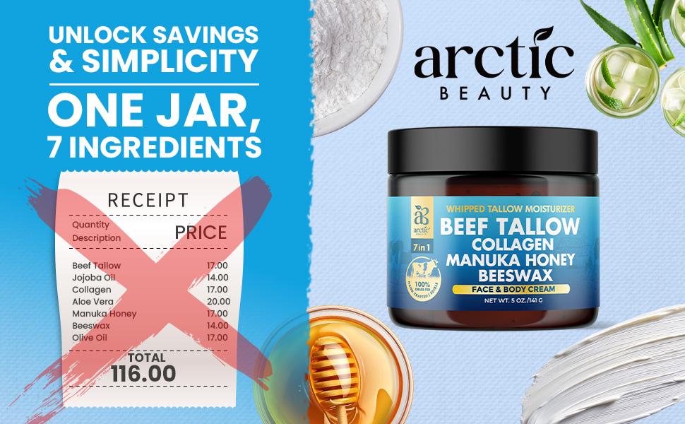 Arctic Beauty Beef Tallow, Collagen, Manuka Honey, & Beeswax - 7 in 1 Natural Face & Body Moisturizing Cream - For Skincare, Elasticity, & Radiance - (5 oz)