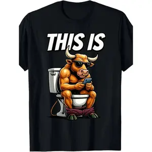 Funny "Bull On Toilet This Is Bullshit" Sarcastic Graphic T-Shirt | Retro Humor Unisex Tee with Bull Design, Comfortable Casual Wear for Men, Short Sleeve Round Neck Shirt for Parties, Office and Everyday Use