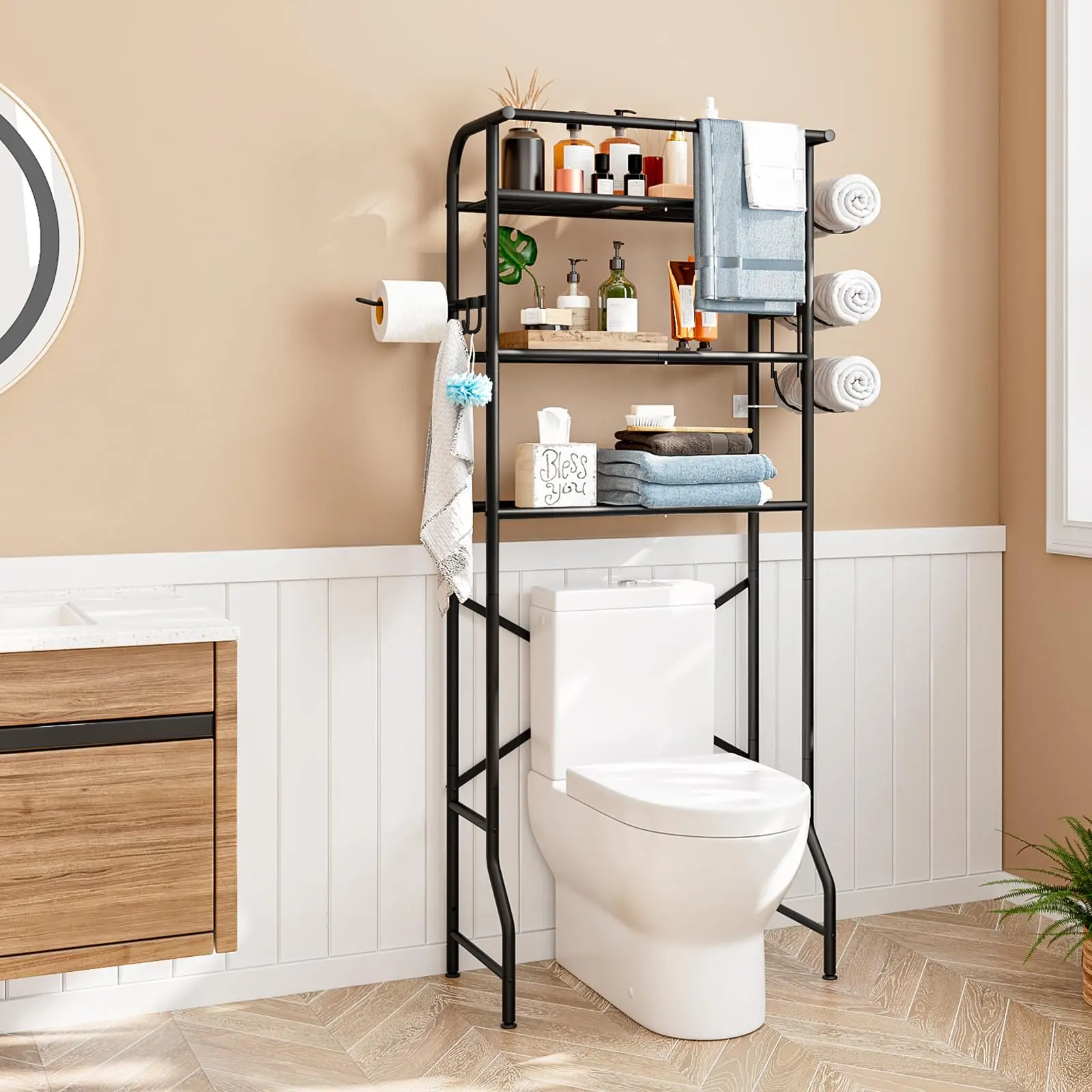 SUOERNUO 3-Tier Metal Over-The-Toilet Storage Shelf with Paper Holder, Waterproof Space-Saving Rack, Easy-To-Assemble Bathroom Organizing Accessories, Rectangle