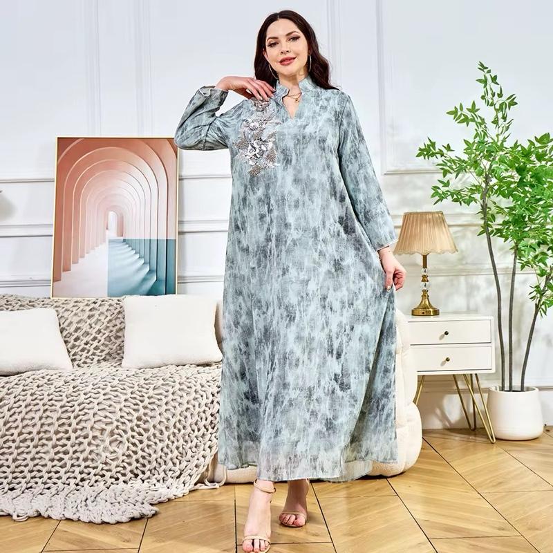 Luxury Marble-Style Abaya Dress | Loose Fit, Rhinestone Detail, Modest Long Sleeve