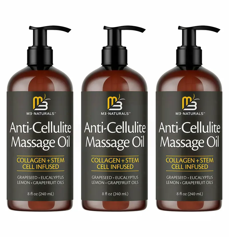 3 Pcs M3 Naturals Cellulite Massage Oil 8oz-Smooth the Appearance of Cellulite-Body Care & Skin Care Massage Oil GS-Topical Collagen and Plant Stem CellBody Oil to Restore Texture and Elasticity-Soothing Body Oil