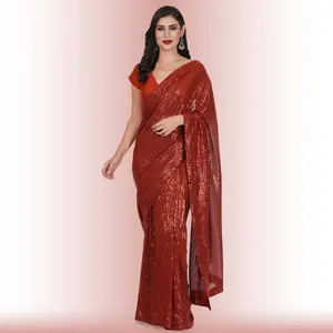 Readymade Sequin Saree - Rust