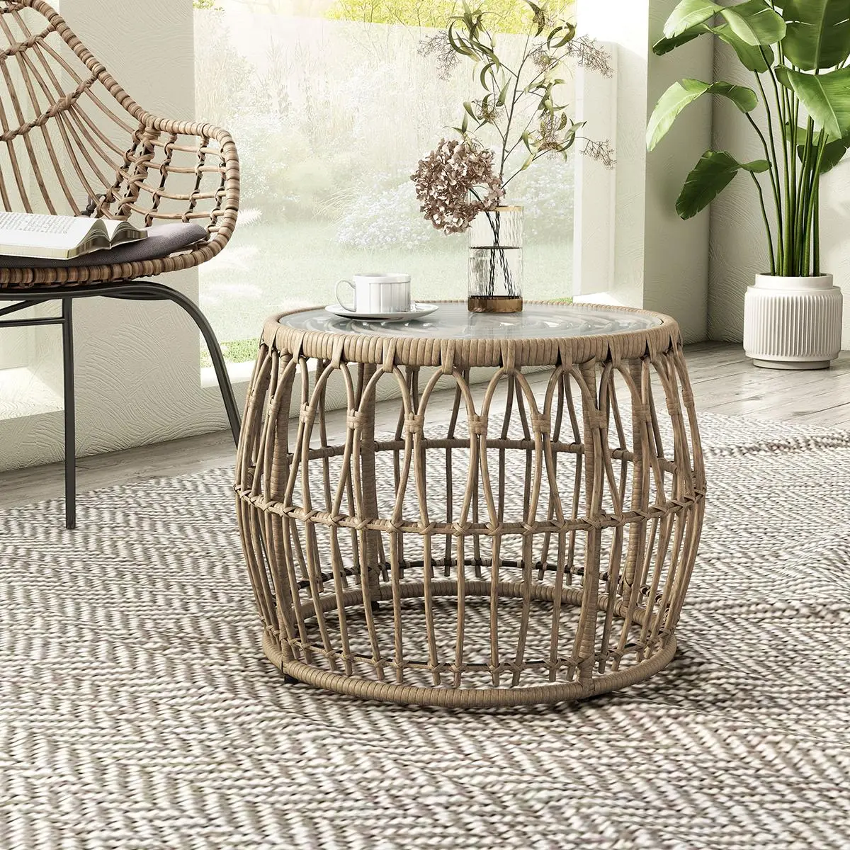 24/7 Shop At Home Hunter Transitional Natural Rattan and Tempered Glass Top Outdoor Round Coffee Table for Patio, Poolside, Garden, Yard
