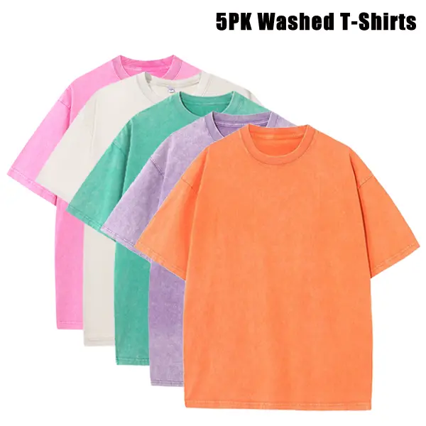 5PCS Men’s Extra Large Fitness Retro Heavyweight T-Shirts, Pure Cotton Sports Acid Wash Loose Fit, Summer Sweat Absorption, Multiple Colors