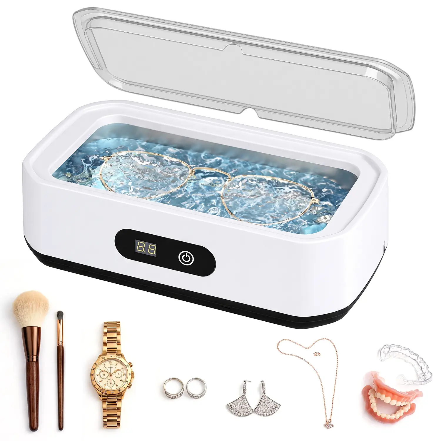 Ultrasonic Cleaner Machine 48KHz Deep Clean for Jewelry, Eyeglasses, Watch Bands, Dentures, Retainers & Makeup Brushes, Portable 304 Stainless Steel Tank Sonic Cleaner for Home & Travel Use