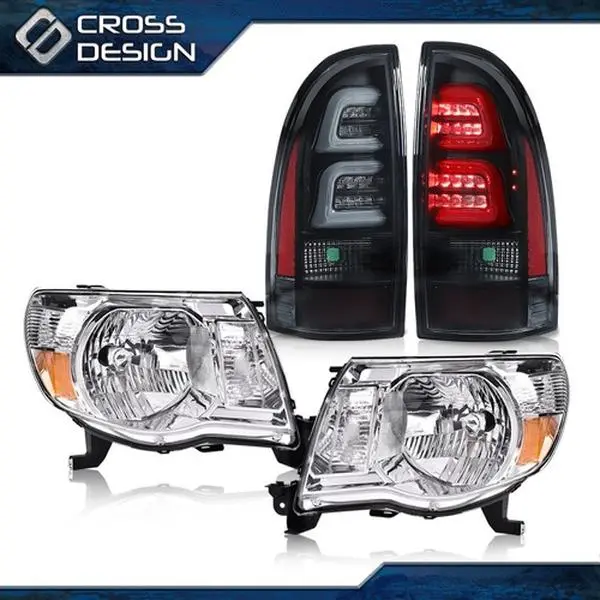 CROSSDESIGN Chrome Housing Headlights & Black Housing 3D LED Tube Bar Tail Lights Pair Set - Heat-Resistant LED Lights for Truck, Car Exterior Upgrade, H4/H4B/W5W, Chrome Look, Plug-In Replacement Fit for 05-11 Toyota Tacoma