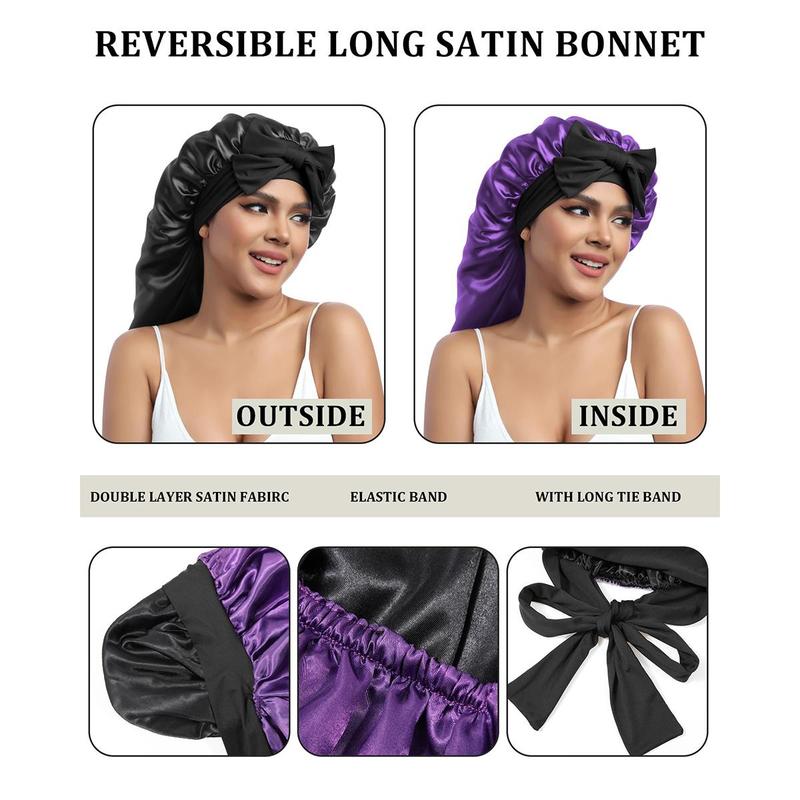 Long Double Layer Satin Bonnet Silk Like Texture for Sleeping Sleep Cap Adjustable Care Hair Bonnets with Elastic Tie Band for Women Braids Curly Hair Natural Hair Wrap Nightcap Gifts for Women
