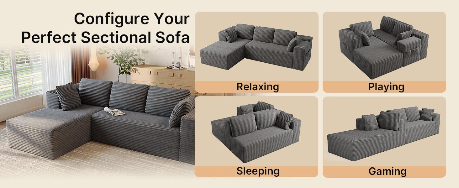 【2 Packages Shipping】Gizoon 105" Cloud Sectional Couch with L-Shape Chaise, Modular Boneless Sofa for Living Room, Upholstered Corduroy Couch with Deep Seat, No Assembly Required (Grey, Left Facing Chaise)