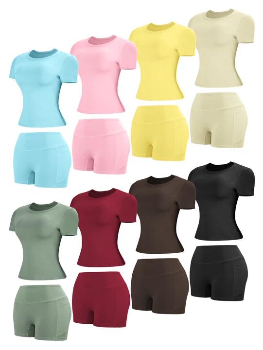 New Women's Two-Piece Set, High-End Solid Color T-Shirt and High-Waist Fitted Shorts Activewear Set, Leisure Breathable Quick-Drying Set, Suitable for Yoga and Gym Wear, Women's Summer Sports Outfit, Athletic Wear, Fitness and Running Clothing