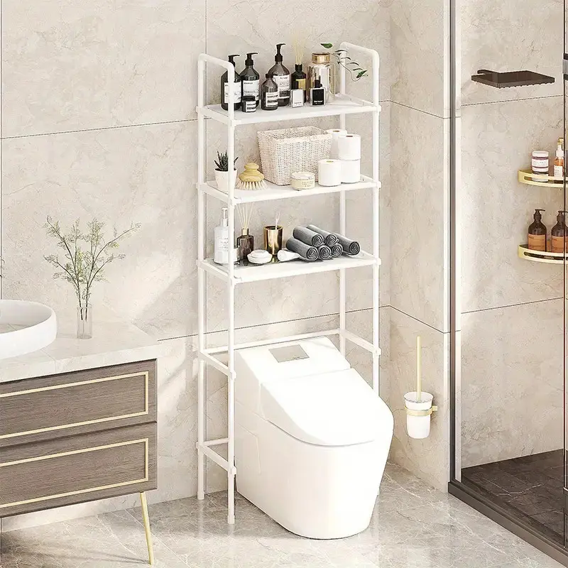 Black and white metal pipe frame with waterproof cloth partitions, three-tier storage shelf, Bathroom Shower Organizer, Toilet Rack, Bathroom Organizers (Suitable for 10,000+ households, model DM019-4556)