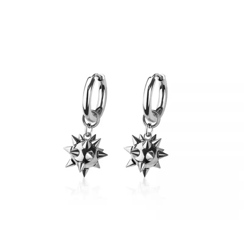 Spiked Ball Dangling Huggie Hoop Earrings - Pair - 316L Stainless Steel