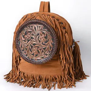 American Darling Hand Tooled Floral Carved Vegetable-Tanned Genuine Leather Backpack with Fringes and YKK Zipper