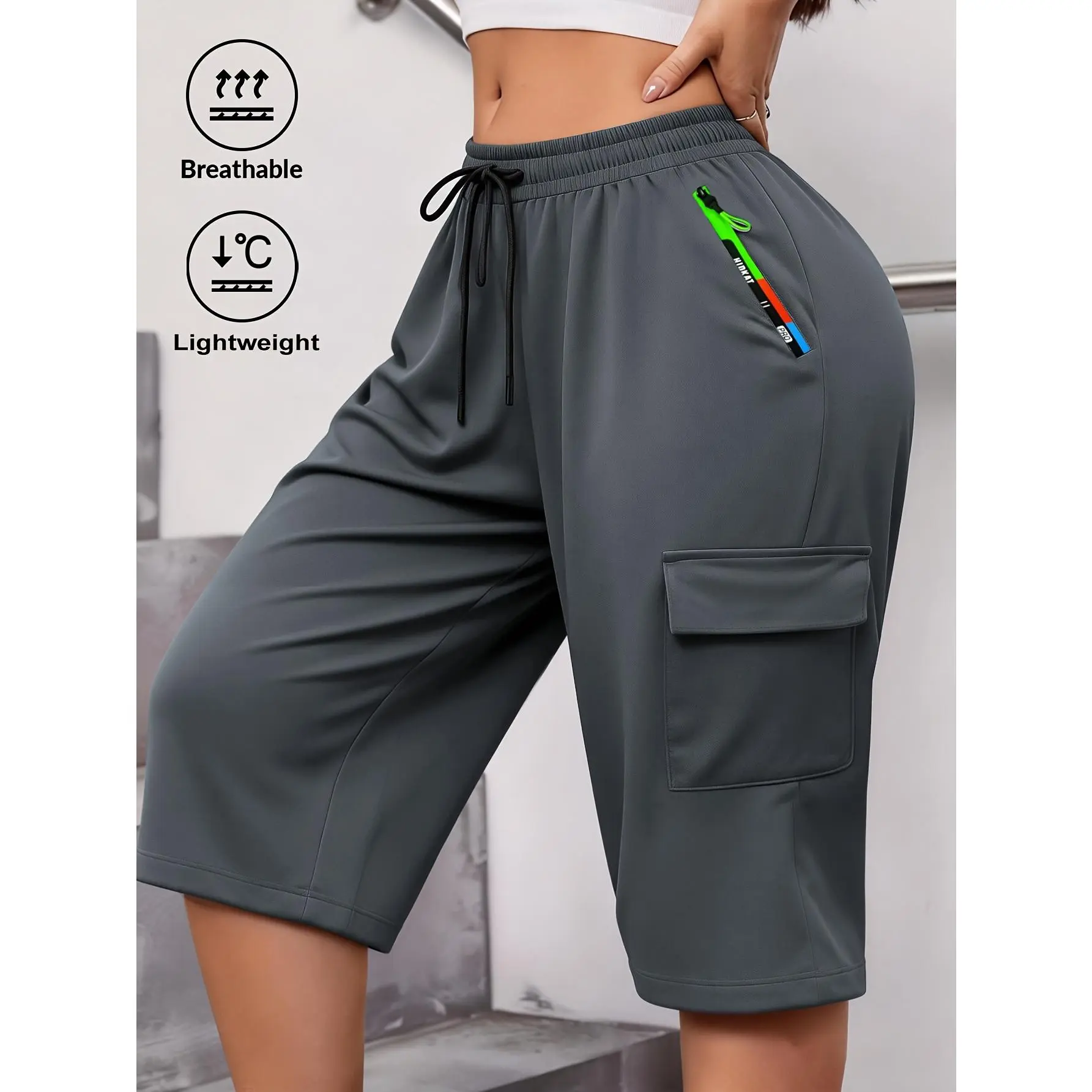Women's 7/8 Length Gradient Green Cropped Cargo Activewear Bottoms - Zippered Pockets, Stylish Large Patch Pockets, Elastic Drawstring Waist, Comfortable Basic Sportswear for Outdoor Activities, Everyday Wear, Lightweight