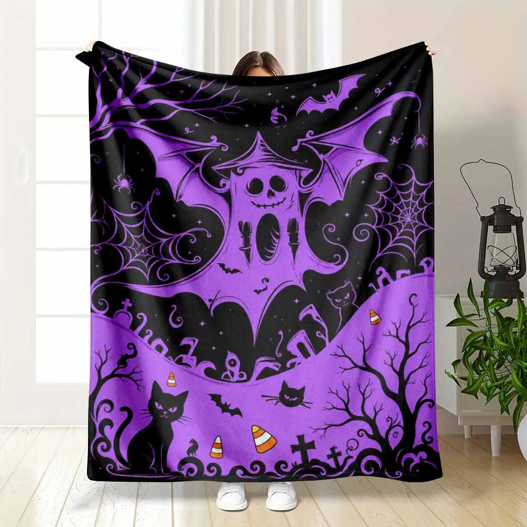 Halloween Ghost Bat Flannel Fleece Blanket Purple Spooky Castle Print Soft Warm Lightweight Throw Bedding Couch Living Room Decor Bed Spread Holiday Gift Birthday Present Cozy Winter Essential Home Textile