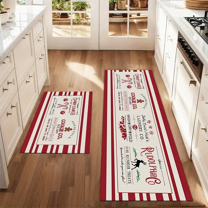 2pcs Christmas Candy Gingerbread Man Striped Background Floor Mat Set For Farmhouse Kitchen Rug Restaurant Floor Laundry Room Decor Carpet Mat, Printed Rug, Decorative Mats