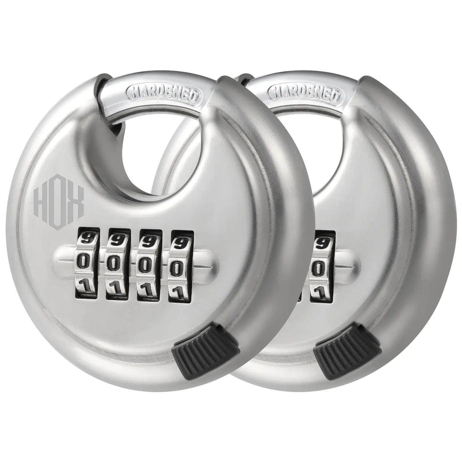 HOX Stainless Steel Disc Lock - 4-Digit Keyless Security Lock, 3/8in Shackle, 2-3/4in Wide Hardened Body, All-Weather Durability, Pick-Resistant, Brass Cylinder, Round Shield, for Home Security, Sheds
