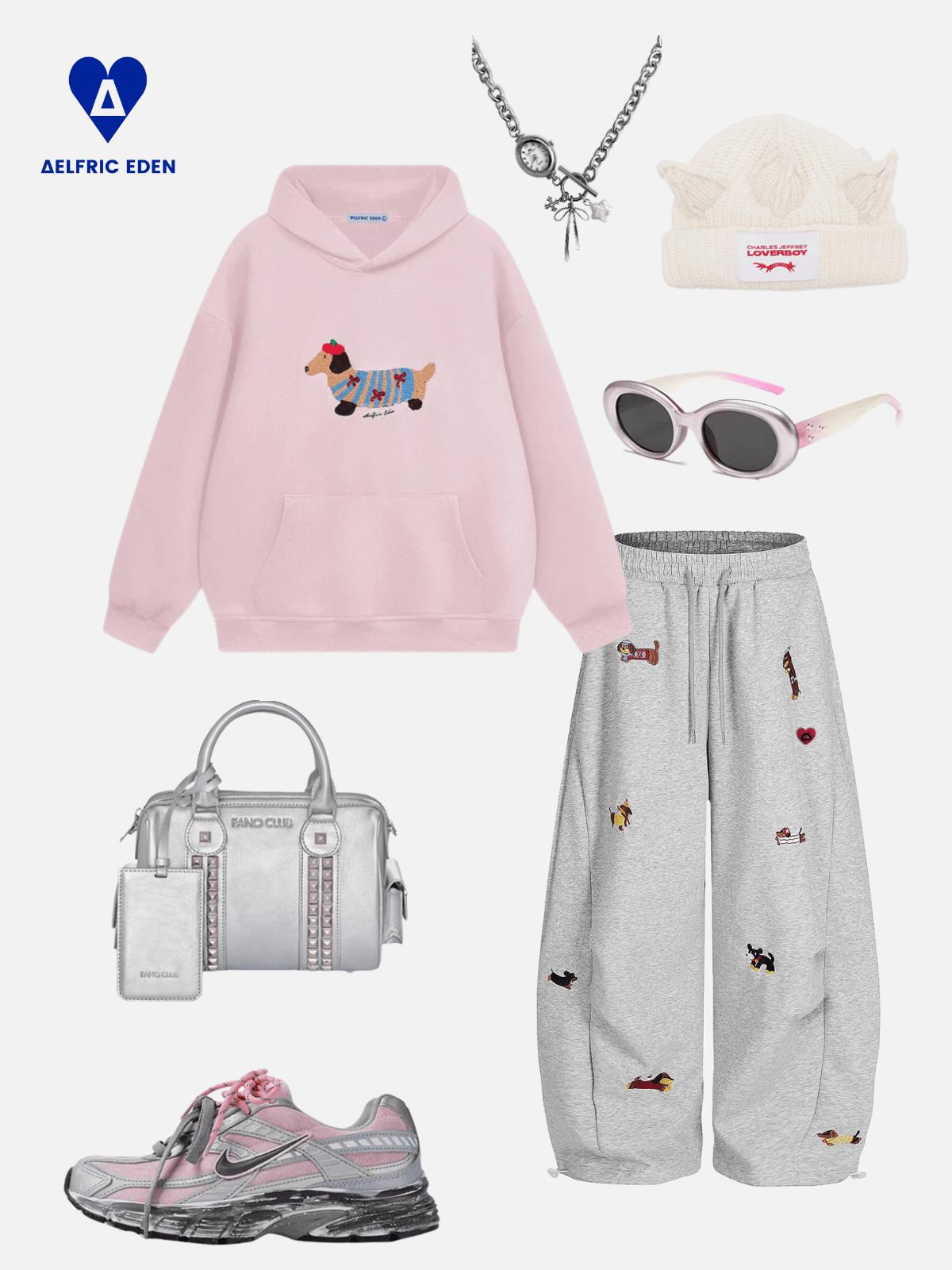 Aelfric Eden Women Embroidery Puppy  Sweatpants  Loose-fitting Wide-leg Pants Casual Y2K Streetwear Joggers