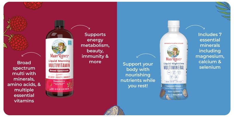 MaryRuth's AM & PM Bundle - Raspberry Liquid Morning Multivitamin - Coconut Liquid Nighttime Multimineral