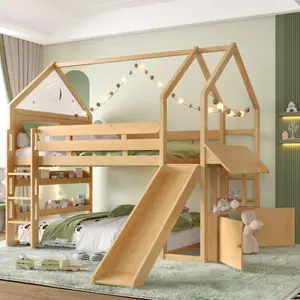 Bellemave Full Size Loft Bed with Bookshelf Playful Design for House-Shaped Structure with Slide High-Quality Safety Rails,Natural