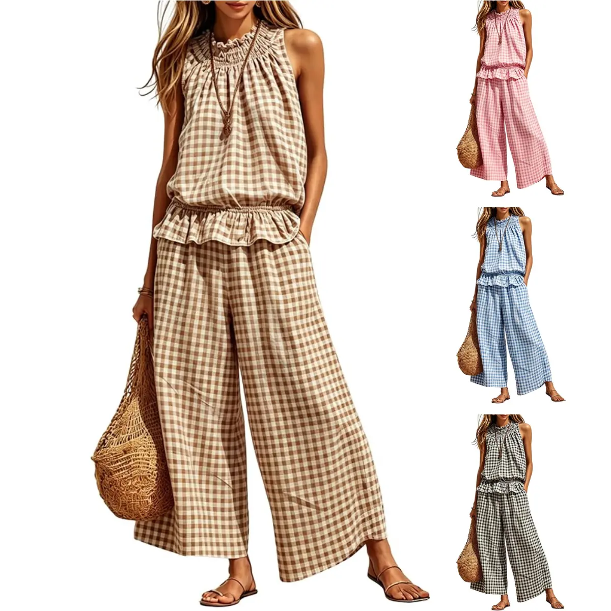SCUSTY Women's 2 Piece Set Outfits Gingham Plaid Sleeveless Ruffle Top Wide Leg Pants Summer Casual Beach Vacation Sets