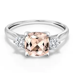 Gem Stone King 10K White Gold Peach Morganite and Moissanite 3-Stone Engagement Ring For Women | 1.56 Cttw | Cushion 7MM | Gemstone Birthstone | Three Stone Wedding Anniversary Promise Ring